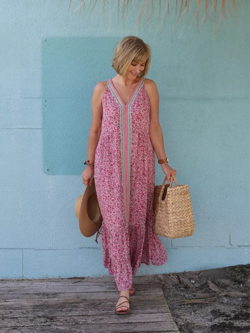 J. Jill Pink Floral Gauze Empire Waist Mixed Print Maxi Dress Sz. L